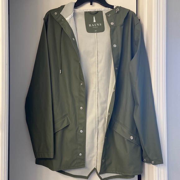 Rains Jackets & Blazers - RAINS olive green hooded rain coat in size x small/small